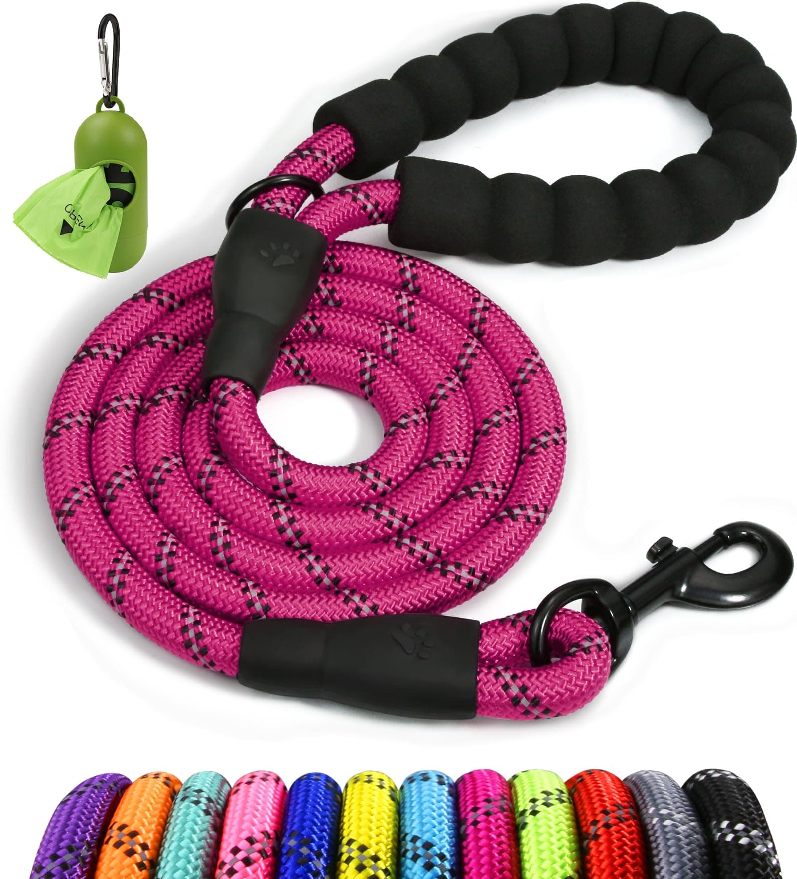 Taglory Rope Dog Leash 6 FT with Comfortable Padded Handle, Highly Reflective Threads Leash and Anti-Tangle Clip for Walking Medium Large Dogs, 1/2 inch, Hotpink