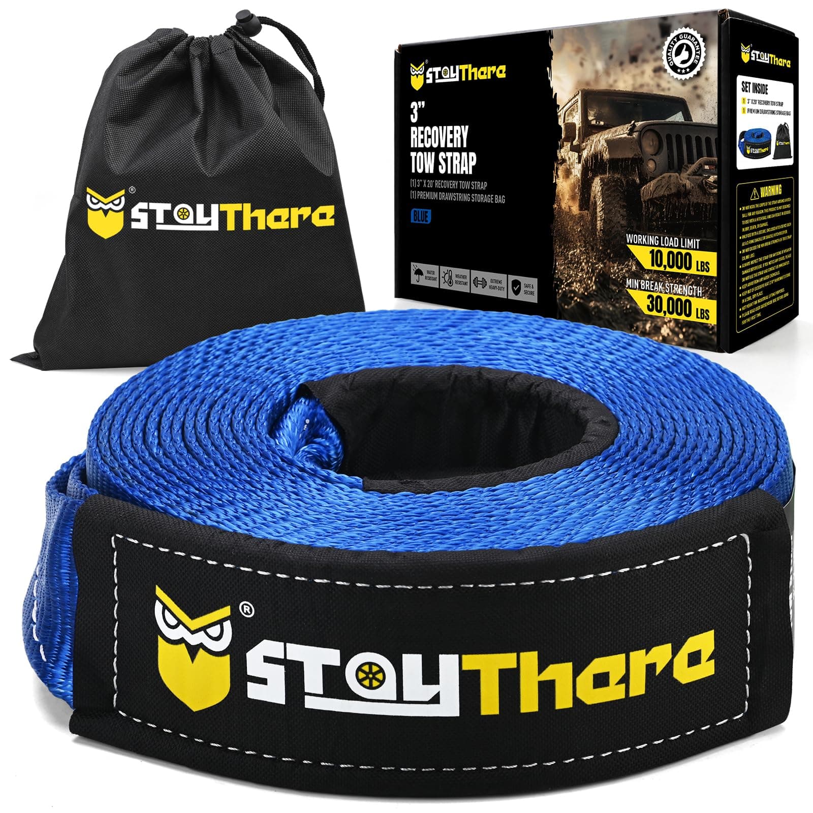 Stay There 3'' × 20ft Tow Recovery Strap, Heavy Duty with 30,000 lb Capacity-Emergency Towing Rope for Recovery Vechiles-Storage Bag (Blue)