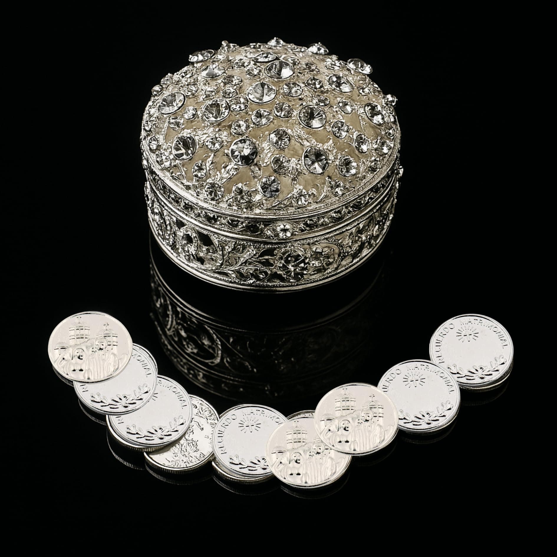 JOICE Silver Metal Round Rhinestone Wedding Arras Box Set with Unity Coins