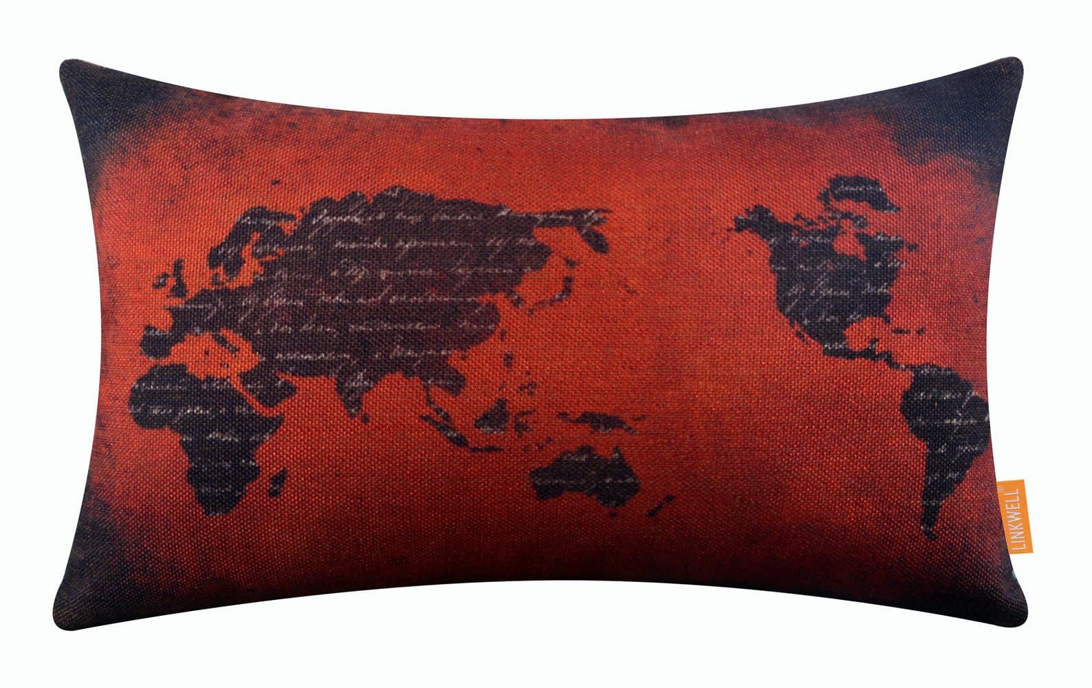 LINKWELL Shabby Chic Red Burlap World Map 20" X 12" Word Decorate Lumbar Cushion Cover Pillow Case