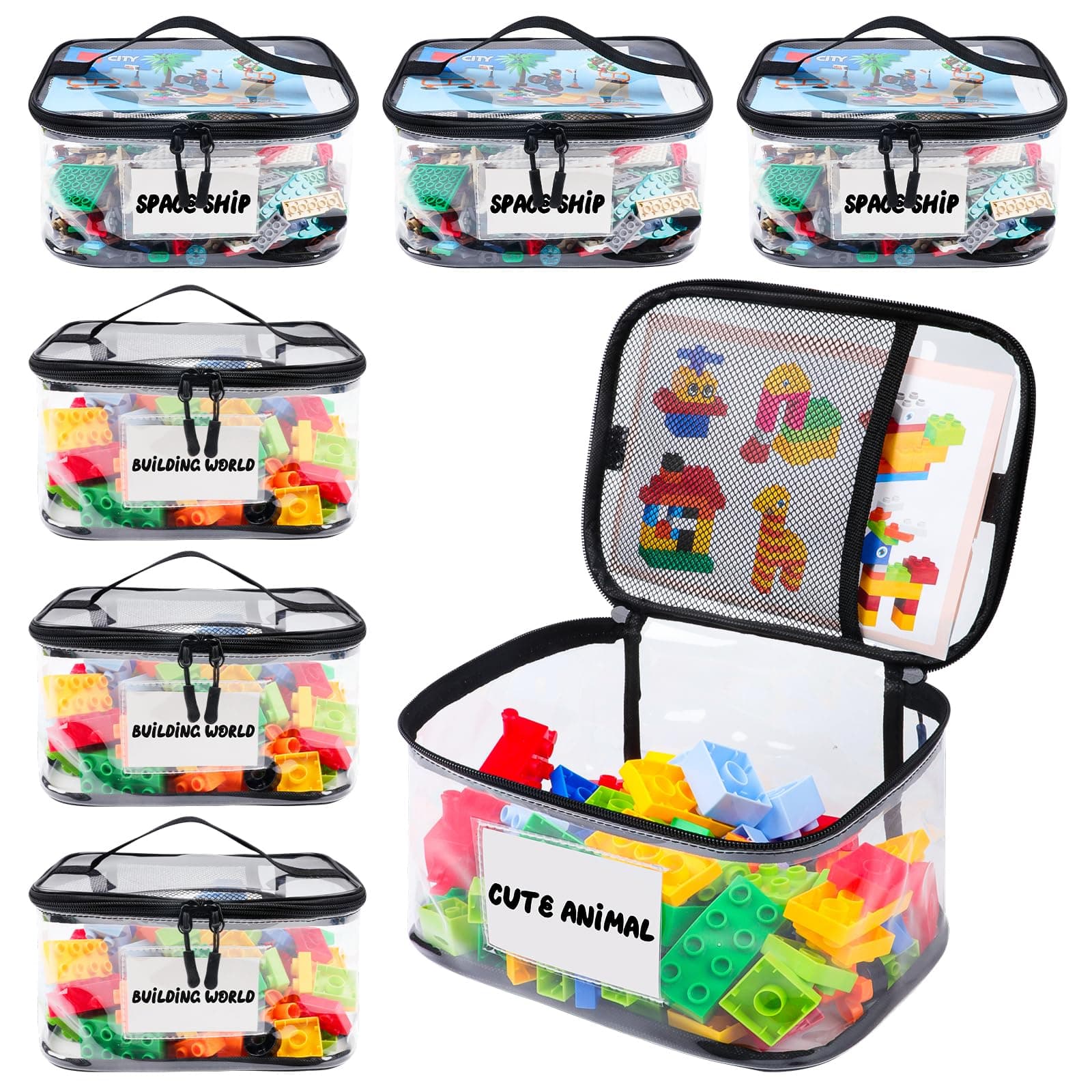 6 Pack Clear Toy Storage Bag with Name Tag& Manual Pocket, Waterproof Transparent PVC Toy Organizer Case for Lego Bricks, Board Games, Building Blocks, Puzzles (Large Capacity, Black)