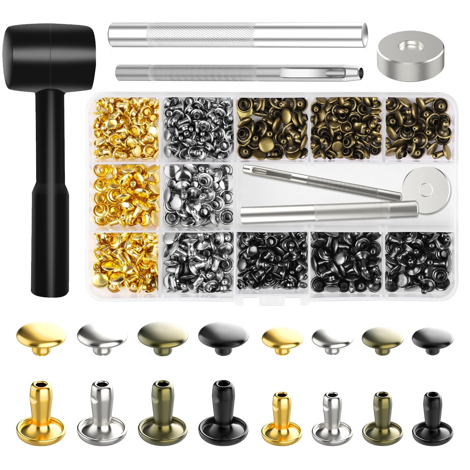 Alritz 240 Sets Leather Rivets, Double Cap Rivets Tubular 4 Colors 2 Sizes Metal Studs with Fixing Tools for DIY Leather Craft/Clothes/Shoes/Bags/Belts Repair Decoration