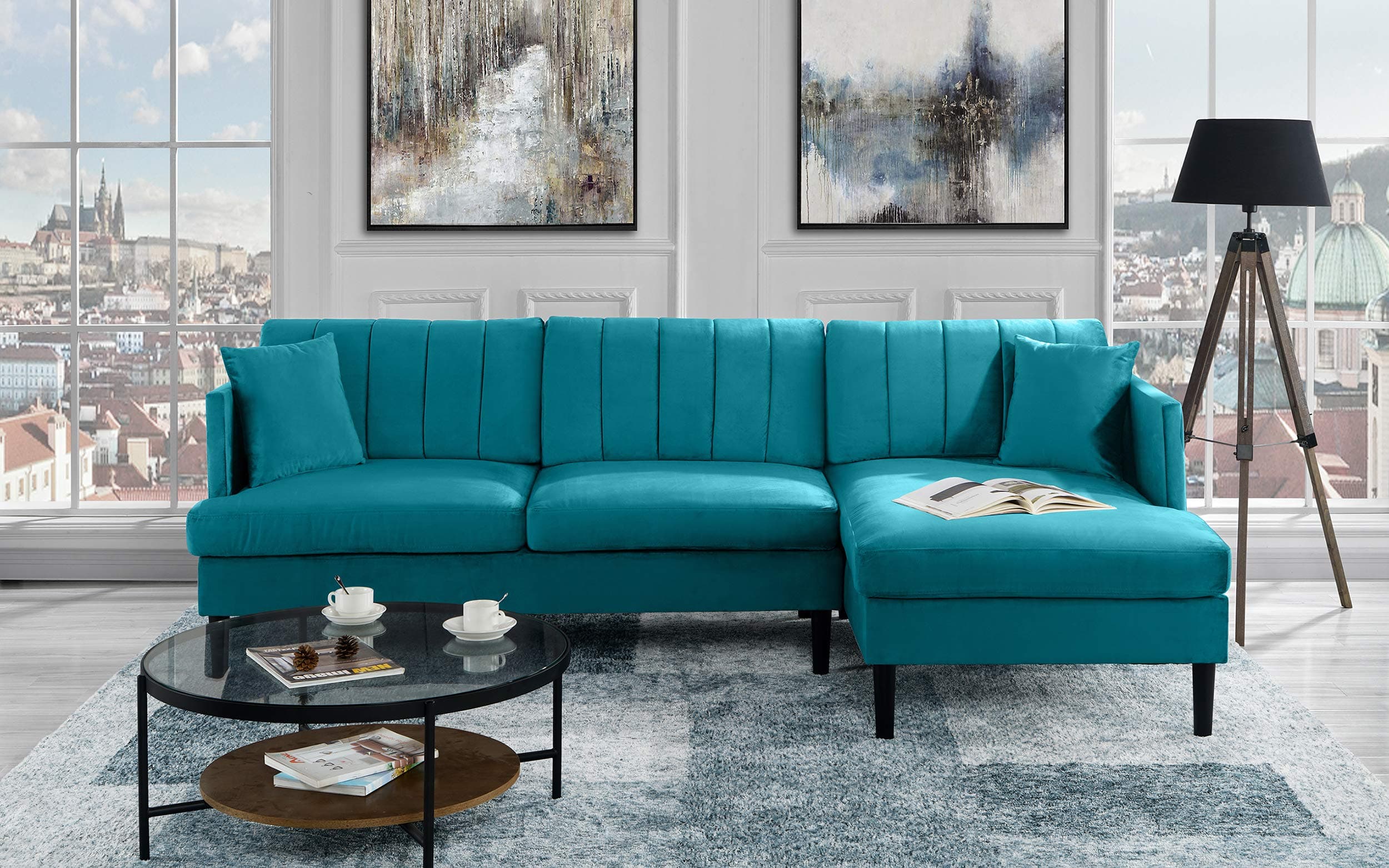 Modern 99.2" inch Velvet Sectional Sofa, L-Shape Couch (Blue)