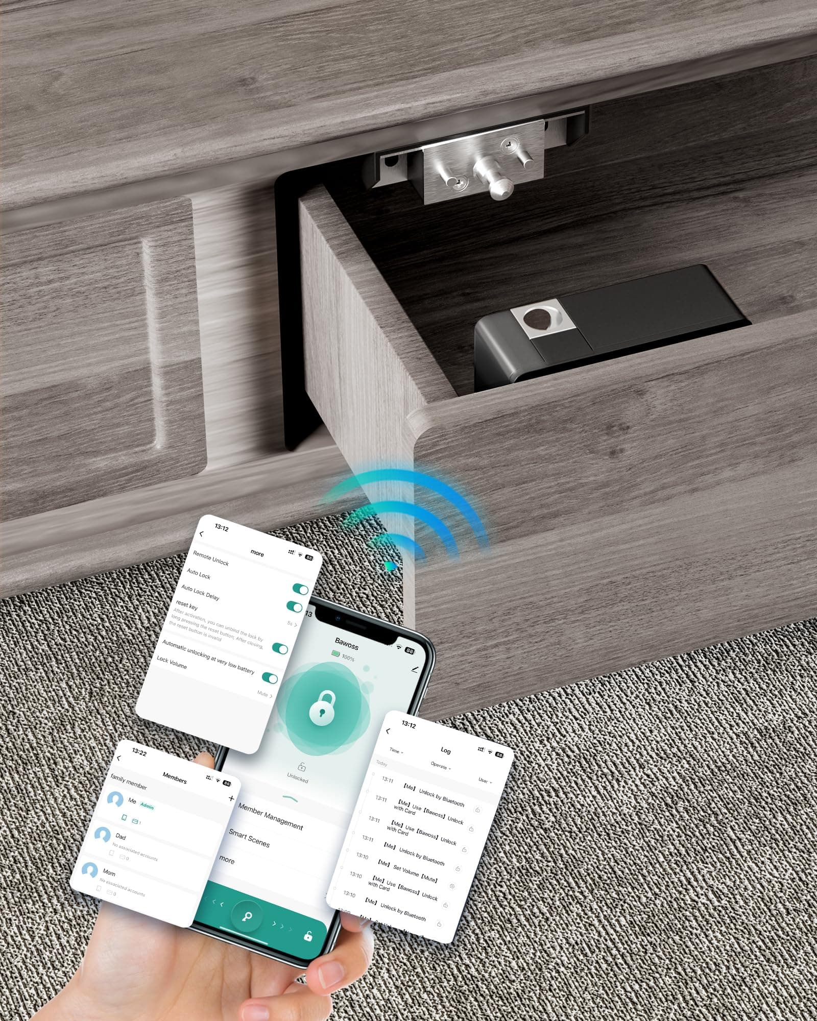 Smart Bluetooth Cabinet Locks Hidden,Safety RFID Kid Keyless Drawer Locks for Adults Children Proof,TTlock APP Compatible with Alexa & Google Home Smart Lock Cupboard,No Drilling,NFC,Card,Key