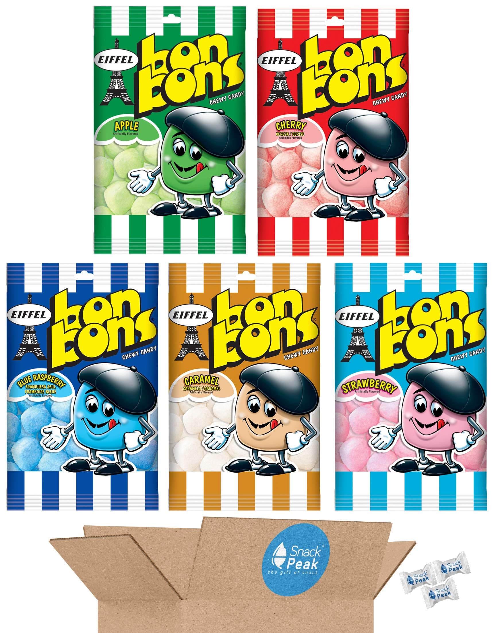 Eiffel Bonbons Snack Peak Variety Gift Box – 5 (4 oz) bags - Cherry, Caramel, Blue Raspberry, Apple, Strawberry